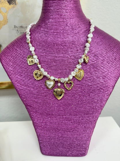 Pearl Beaded Heart Charm Necklace