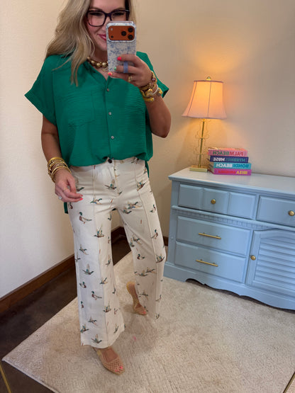 Ivory Mallard Printed Stretch Wide Leg Jeans