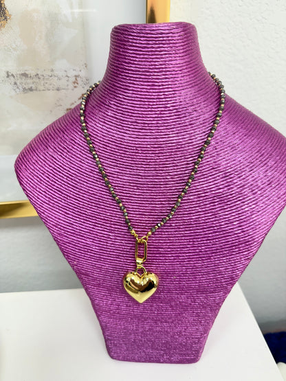 Gray Beaded Puffy Heart Necklace