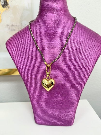Gray Beaded Puffy Heart Necklace