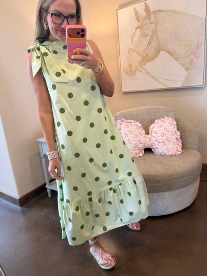 Sage Ruffle Neck Tie Sleeveless Polka Dot Midi Dress