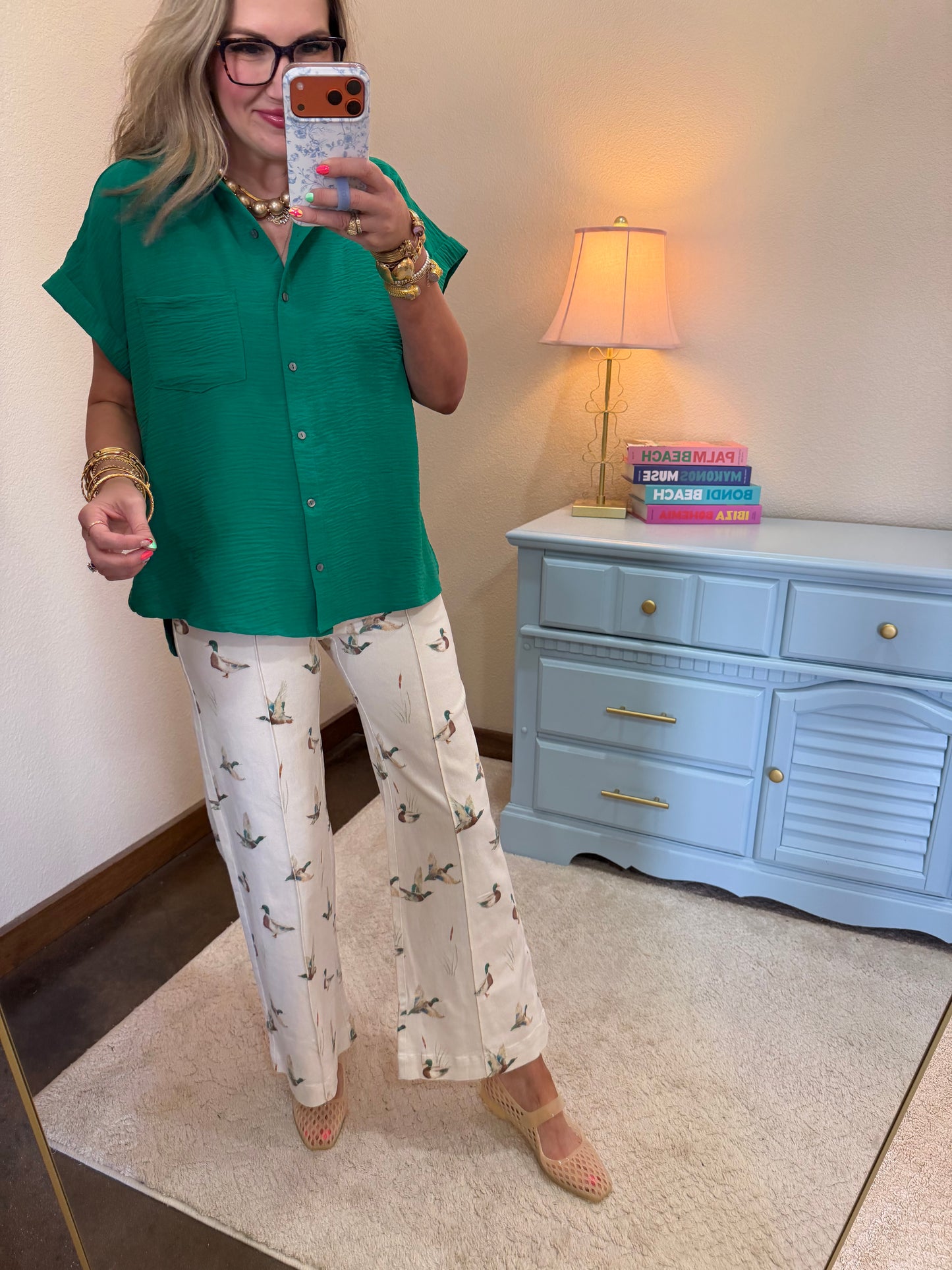 Ivory Mallard Printed Stretch Wide Leg Jeans