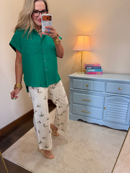 Ivory Mallard Printed Stretch Wide Leg Jeans