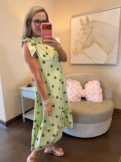 Sage Ruffle Neck Tie Sleeveless Polka Dot Midi Dress