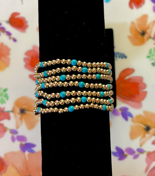 Set of 7 Gold & Turquiose Bead Bracelets