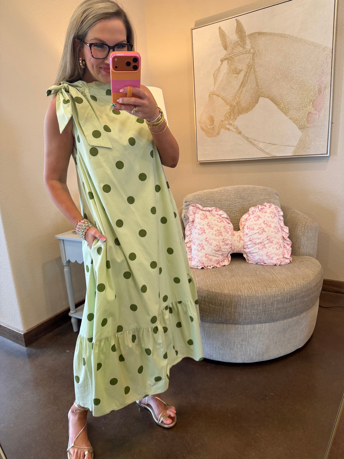 Sage Ruffle Neck Tie Sleeveless Polka Dot Midi Dress