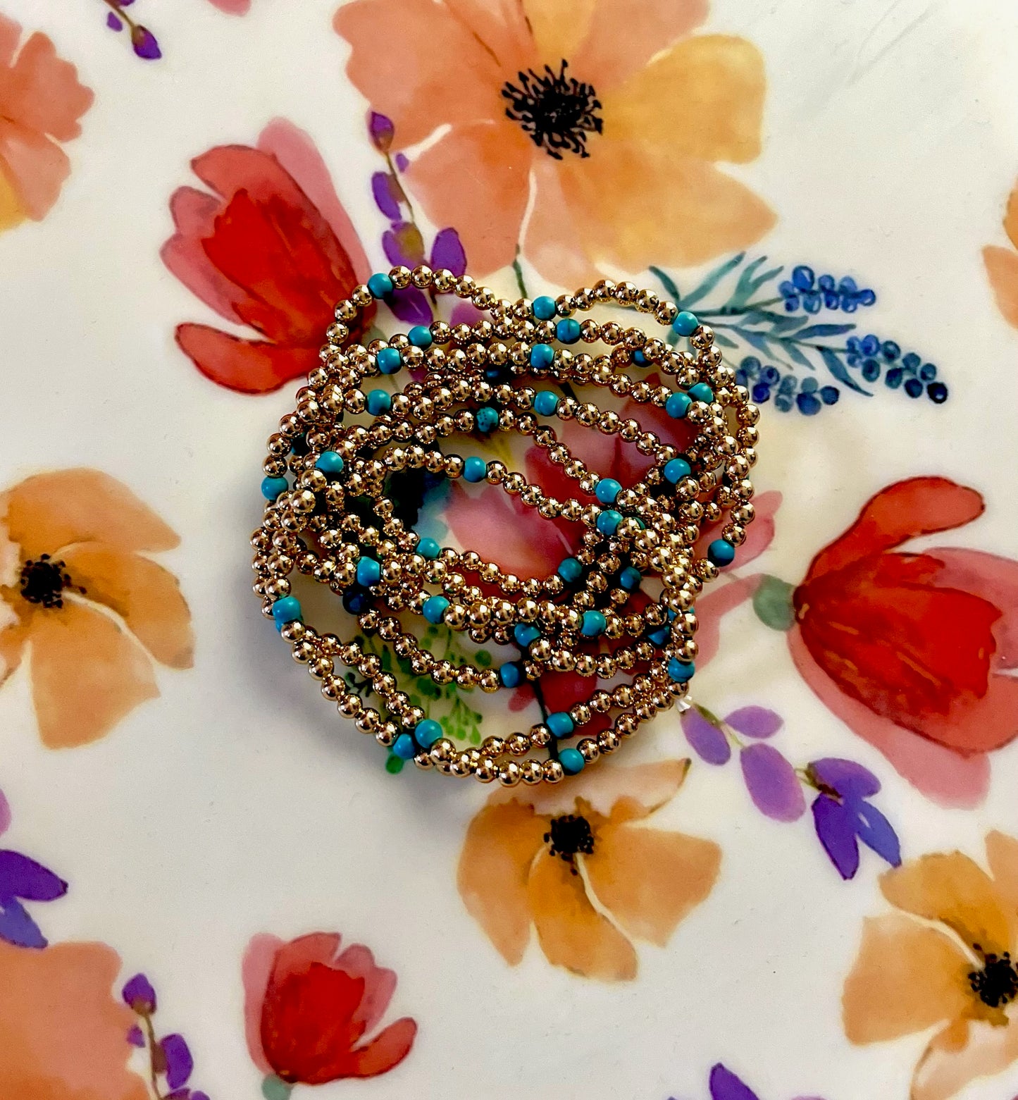Set of 7 Gold & Turquiose Bead Bracelets