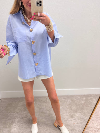 Baby Blue Heart Button Oversized Top