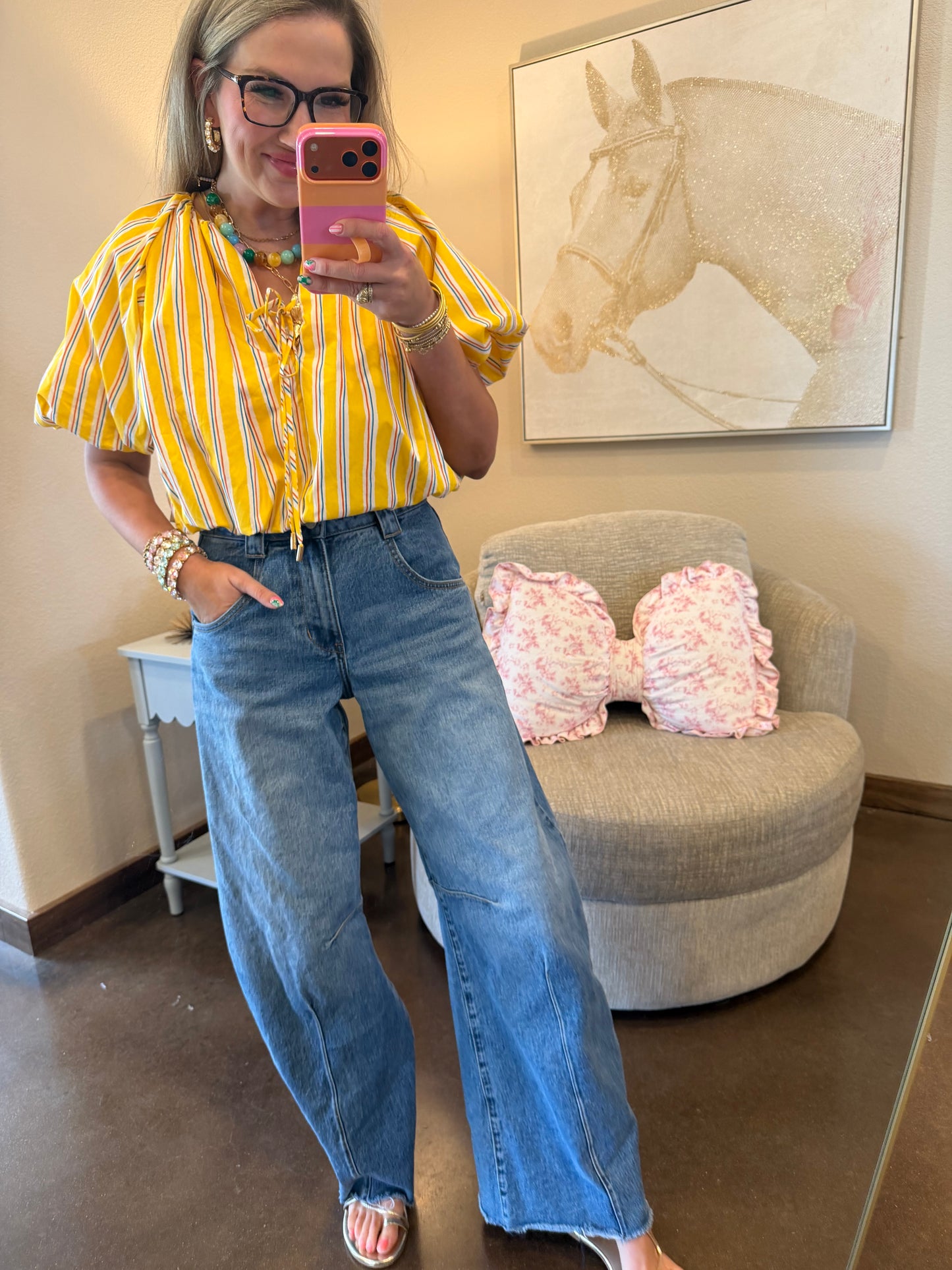 Yellow Bubble Front Tie Puff Sleeve Top