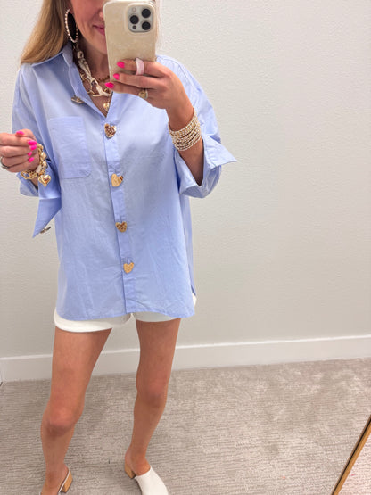 Baby Blue Heart Button Oversized Top
