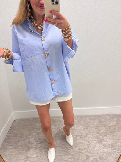 Baby Blue Heart Button Oversized Top
