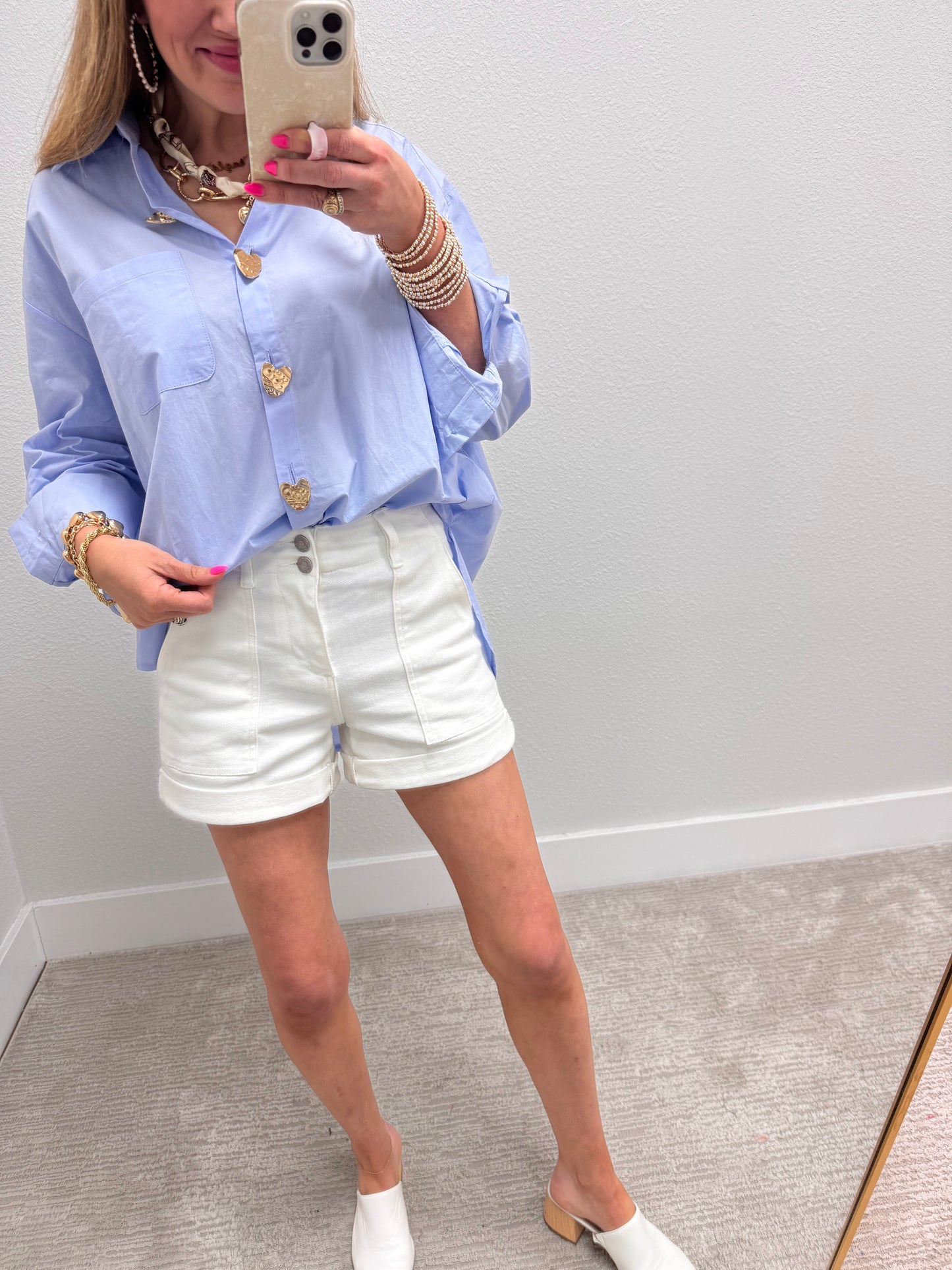 Baby Blue Heart Button Oversized Top