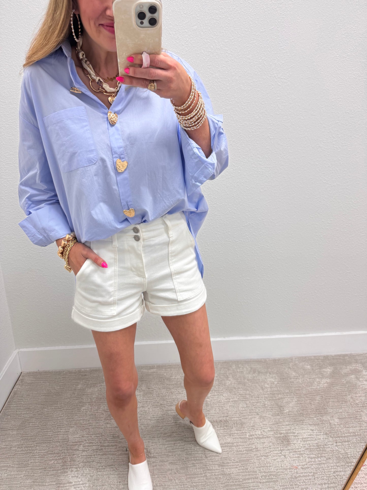 Baby Blue Heart Button Oversized Top