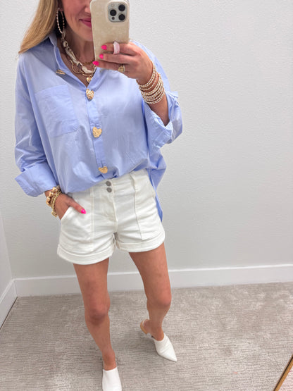 Baby Blue Heart Button Oversized Top