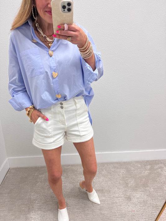 Baby Blue Heart Button Oversized Top