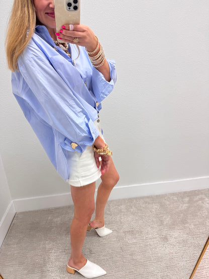Baby Blue Heart Button Oversized Top