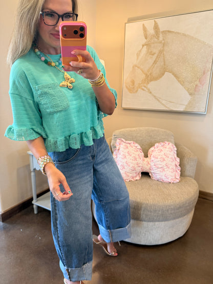 Seafoam Half Sleeve Lace Ruffle Detail Textured Knit Top