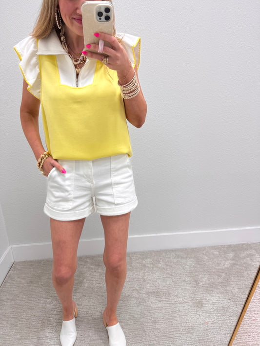 Light Yellow Scuba Ruffle Sleeve Top