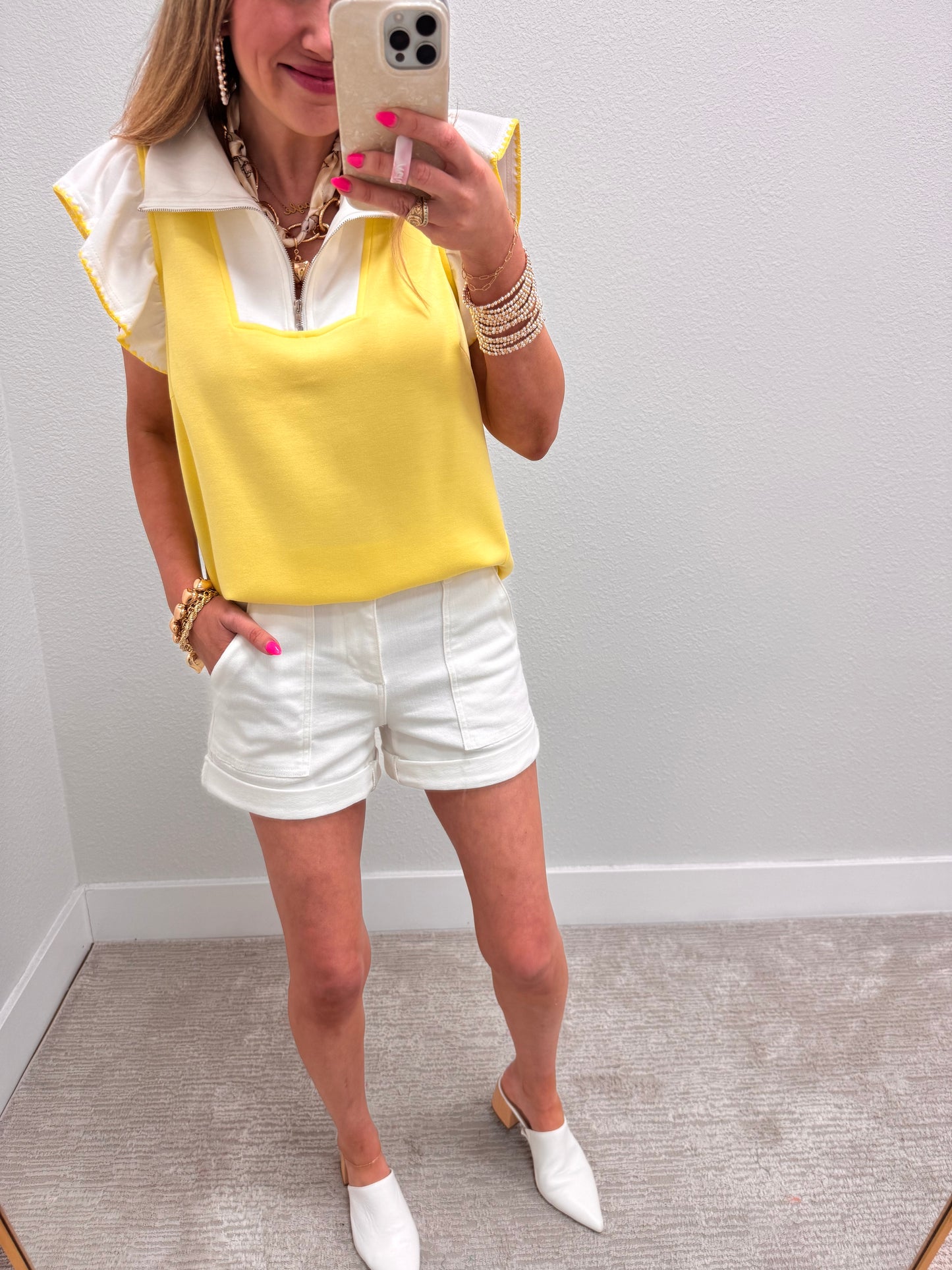Light Yellow Scuba Ruffle Sleeve Top