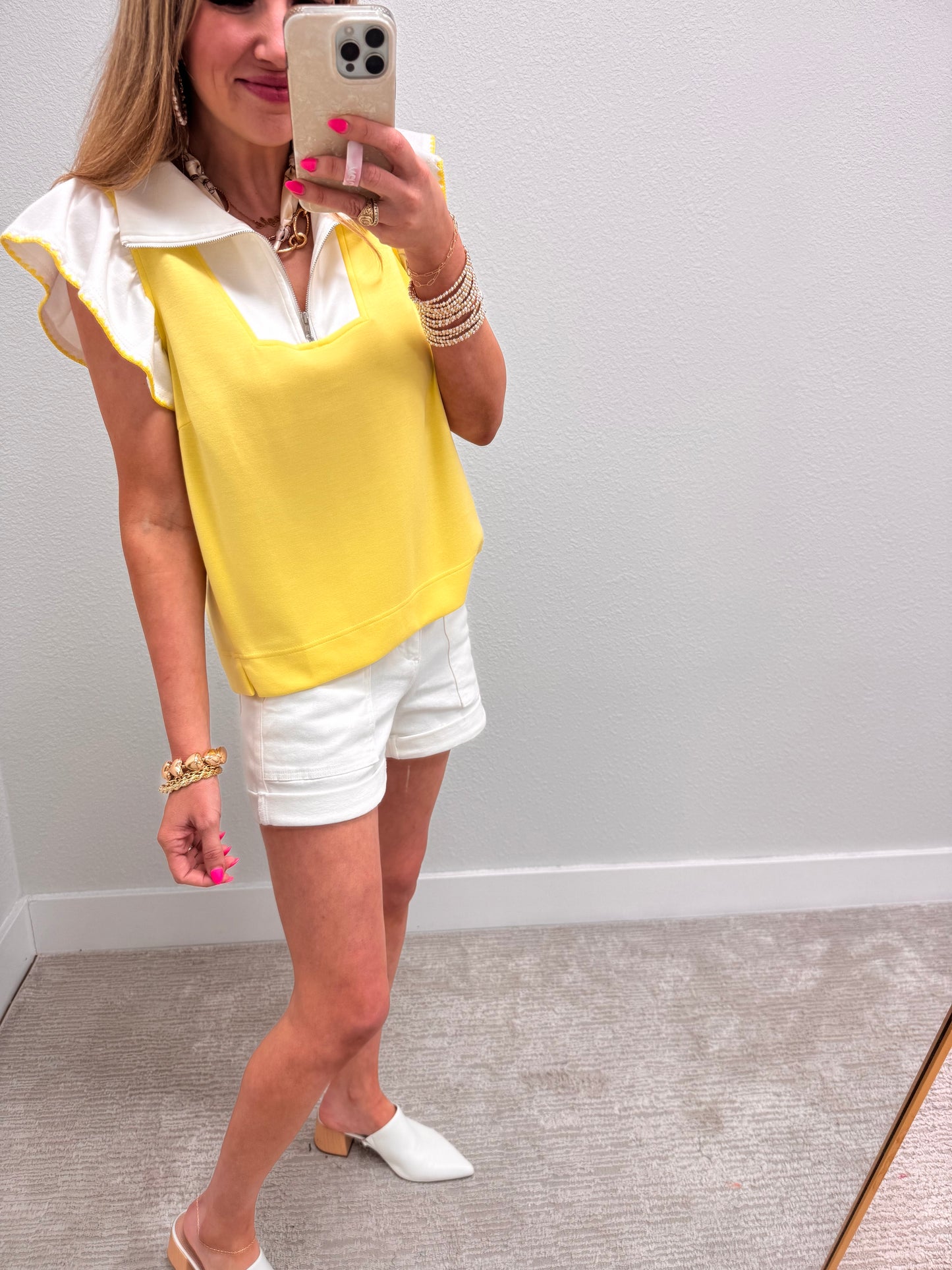 Light Yellow Scuba Ruffle Sleeve Top