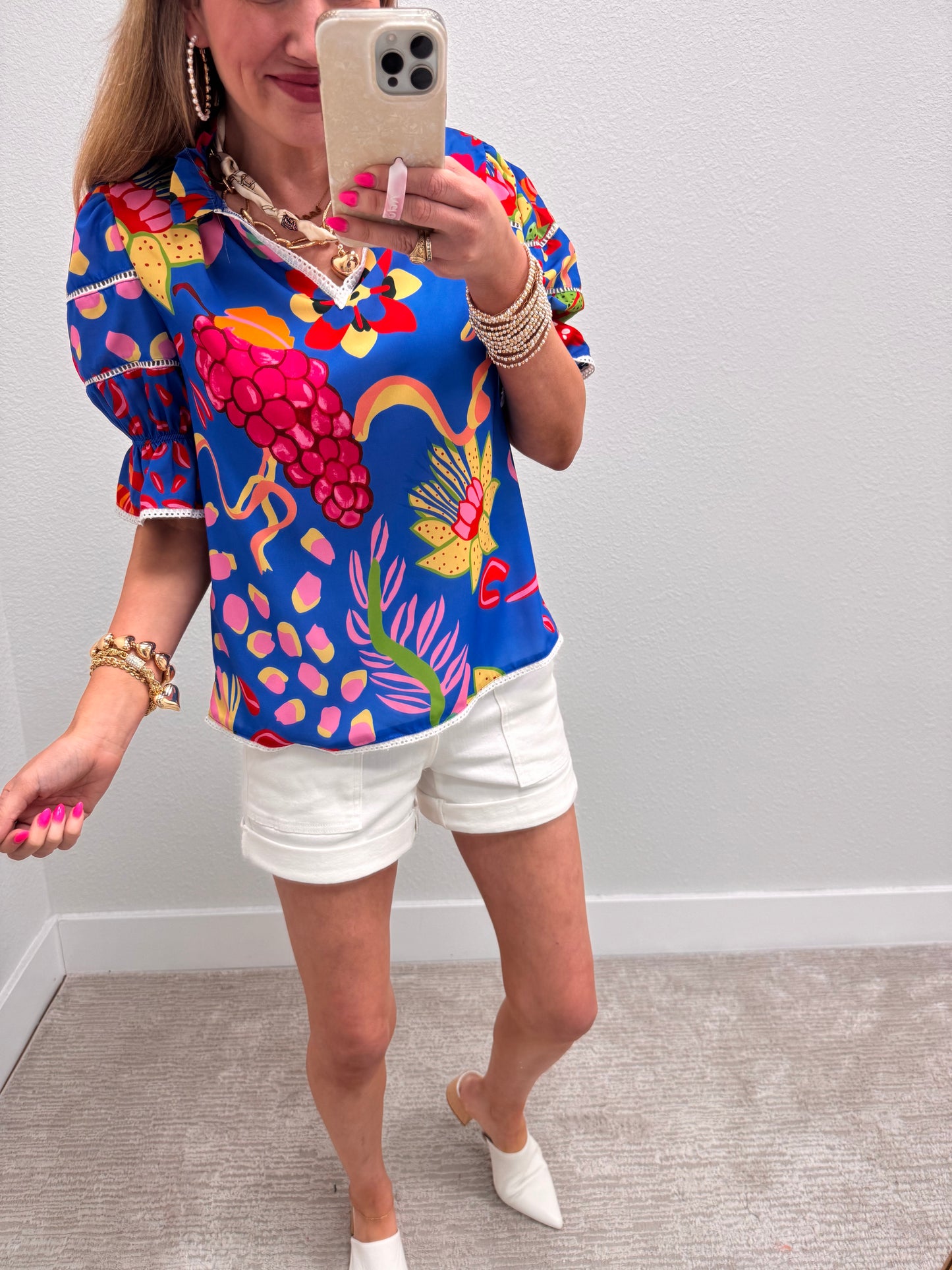 Royal Blue Printed Puff Sleeve Top