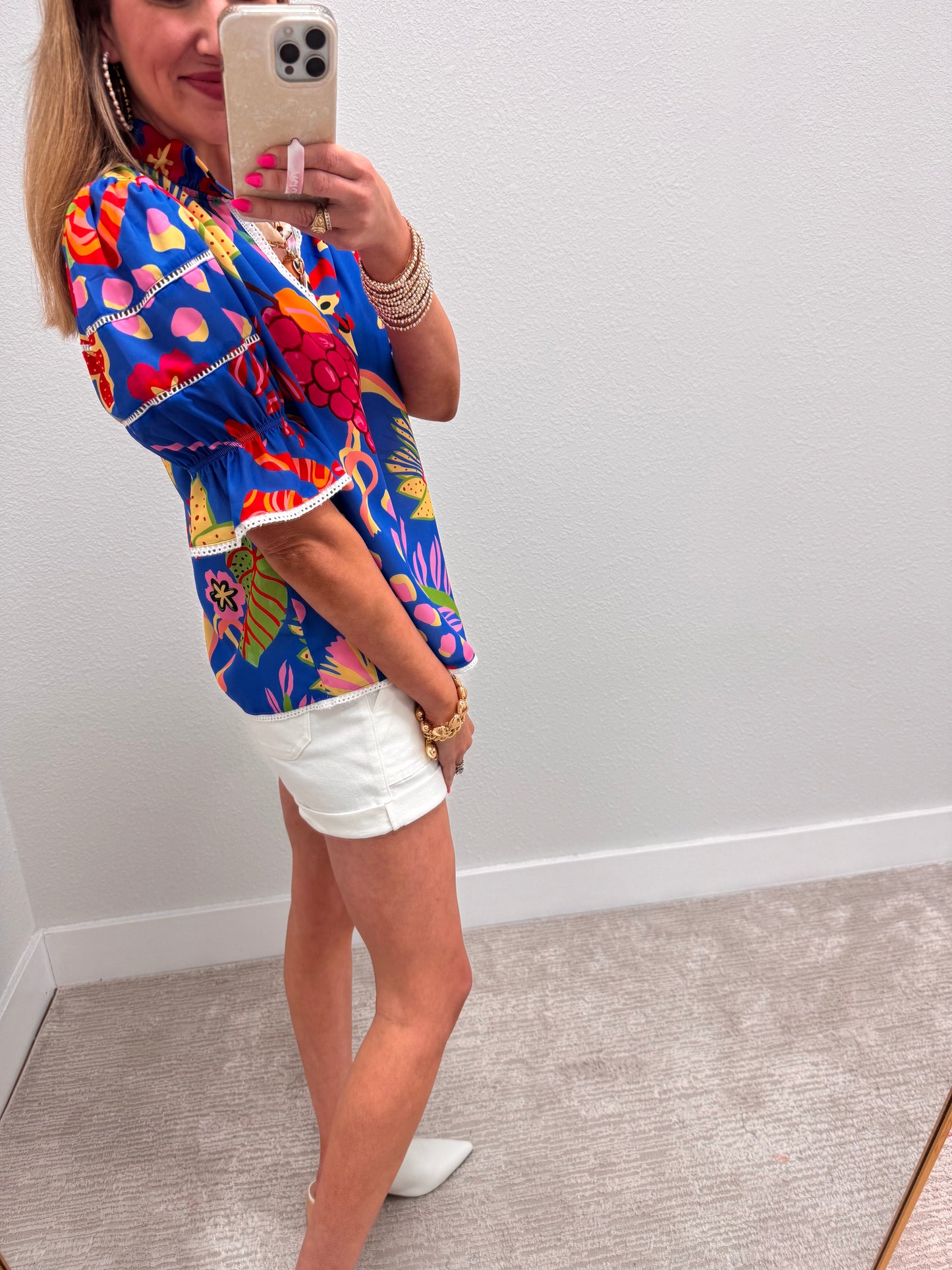Royal Blue Printed Puff Sleeve Top