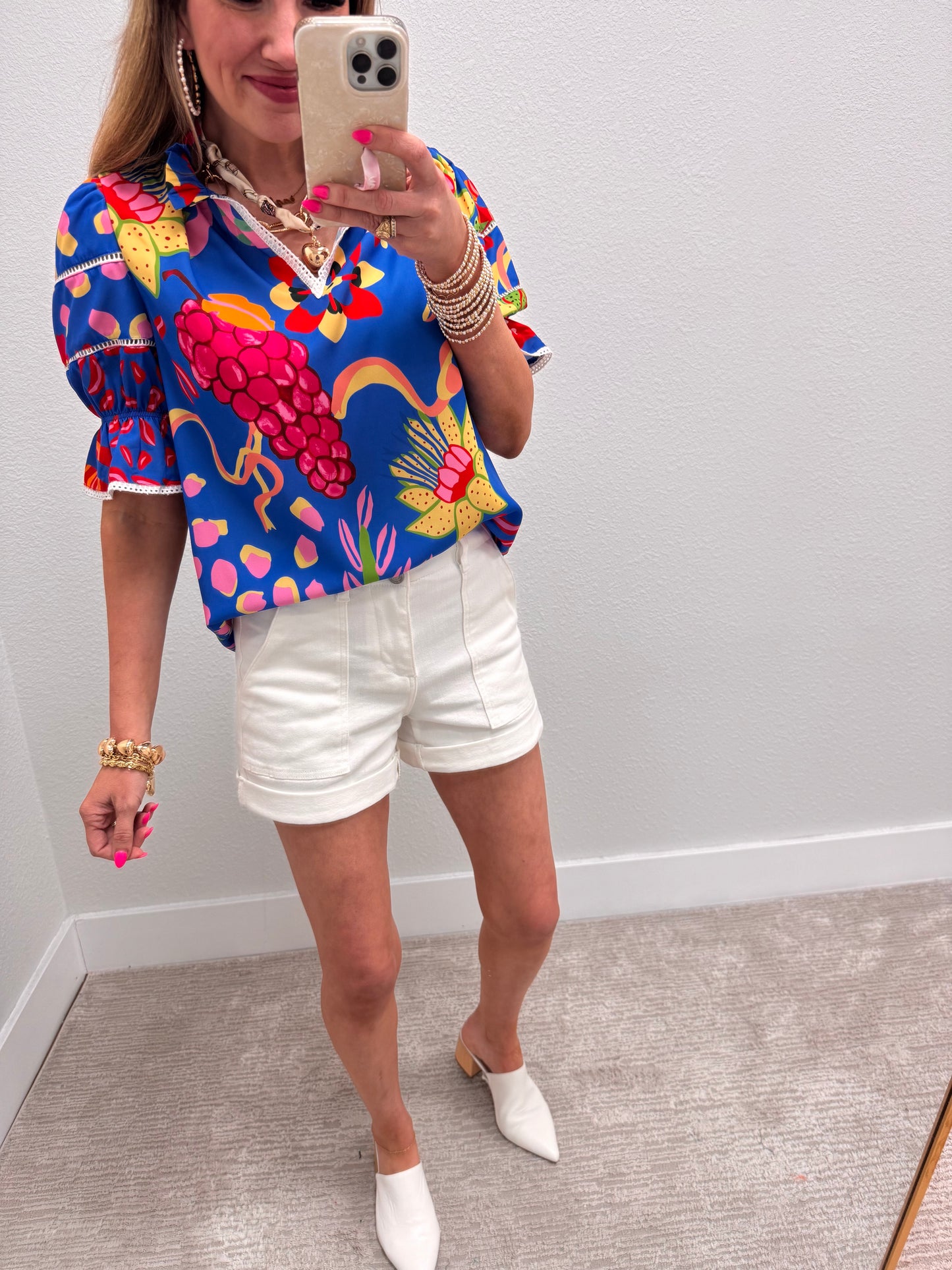 Royal Blue Printed Puff Sleeve Top