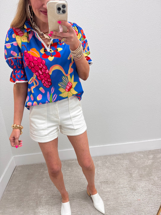 Royal Blue Printed Puff Sleeve Top
