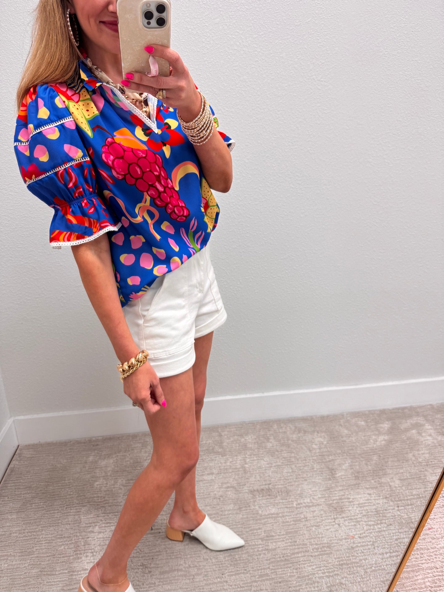 Royal Blue Printed Puff Sleeve Top