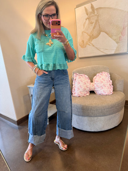 Seafoam Half Sleeve Lace Ruffle Detail Textured Knit Top
