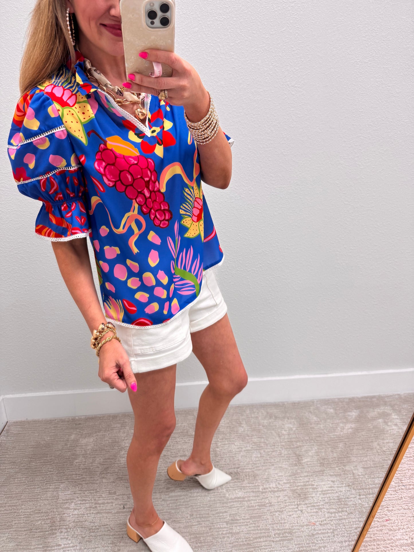 Royal Blue Printed Puff Sleeve Top