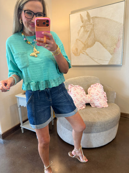 Seafoam Half Sleeve Lace Ruffle Detail Textured Knit Top