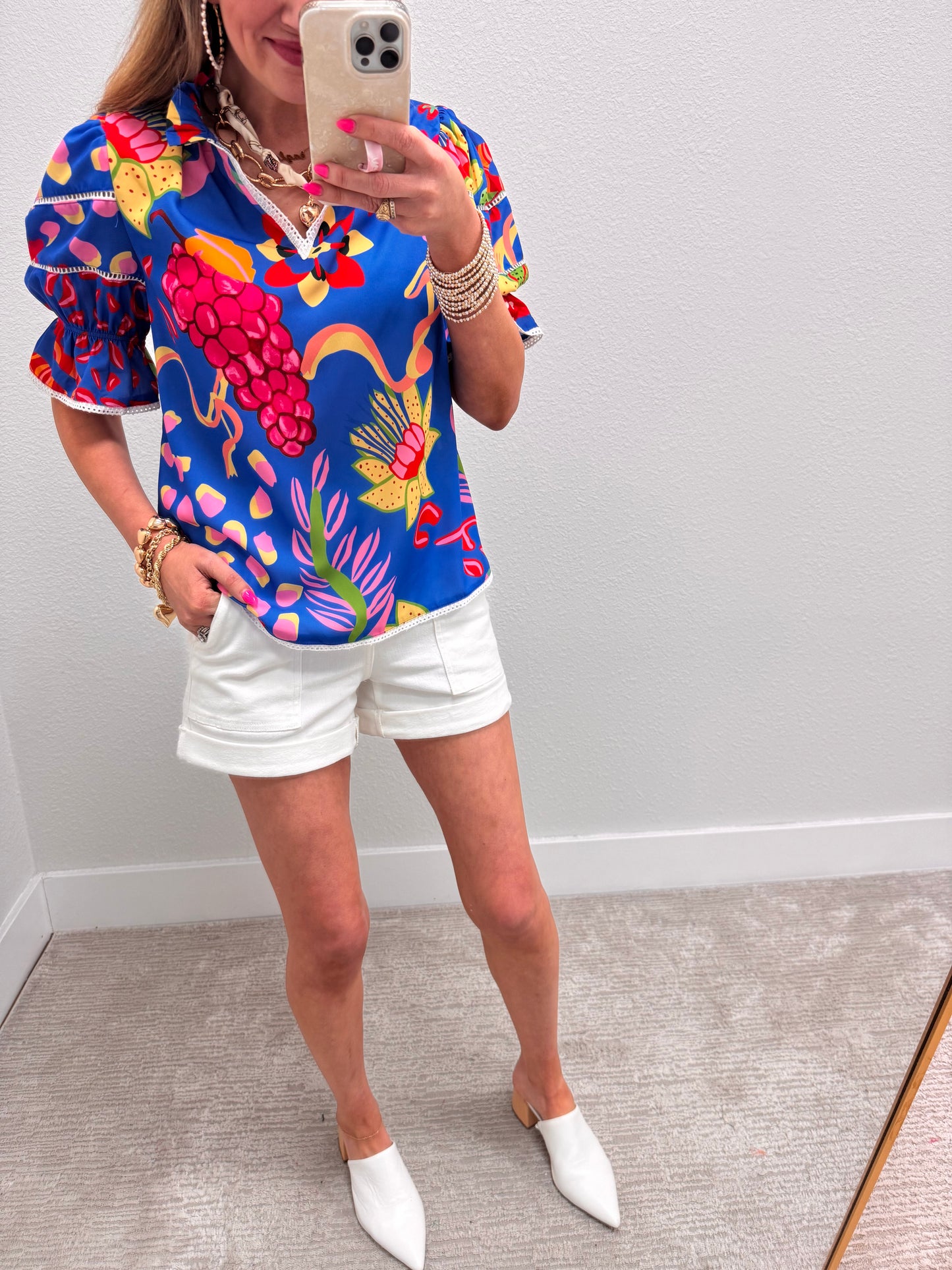 Royal Blue Printed Puff Sleeve Top