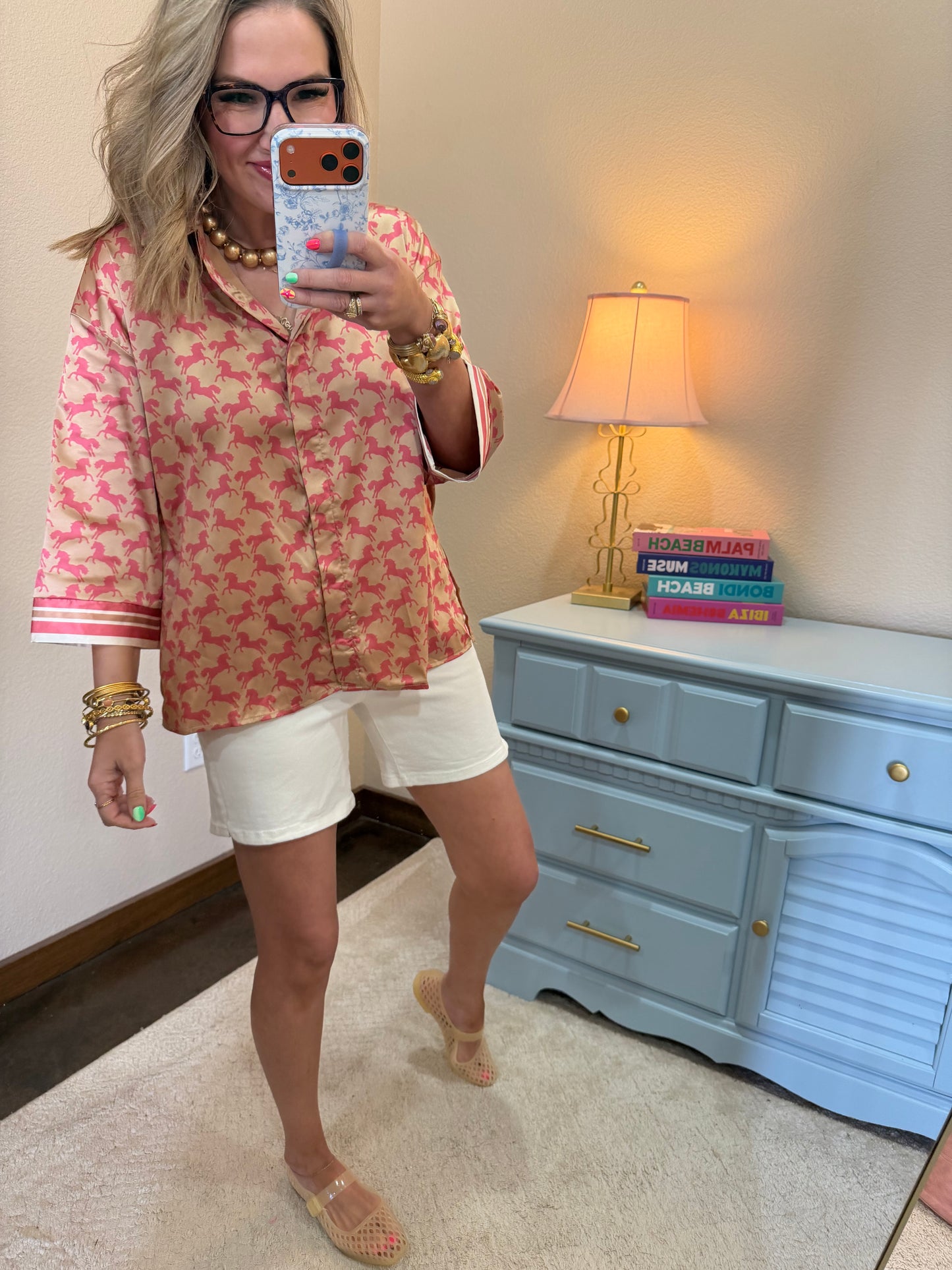 Taupe & Pink Loose Set in Sleeves Button Front Closure Top