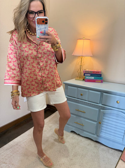 Taupe & Pink Loose Set in Sleeves Button Front Closure Top