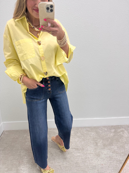 Light Yellow Heart Button Oversized Top