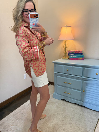 Taupe & Pink Loose Set in Sleeves Button Front Closure Top