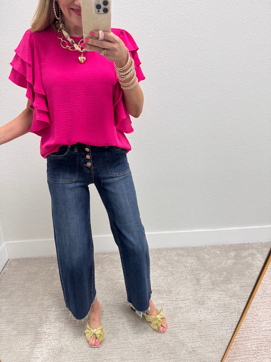Hot Pink Triple Ruffle Sleeve Top