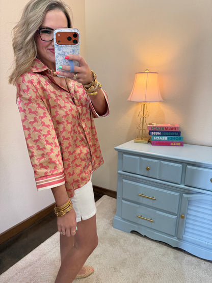 Taupe & Pink Loose Set in Sleeves Button Front Closure Top