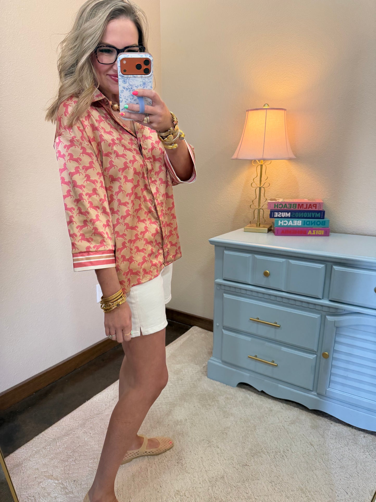 Taupe & Pink Loose Set in Sleeves Button Front Closure Top