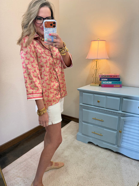 Taupe & Pink Loose Set in Sleeves Button Front Closure Top