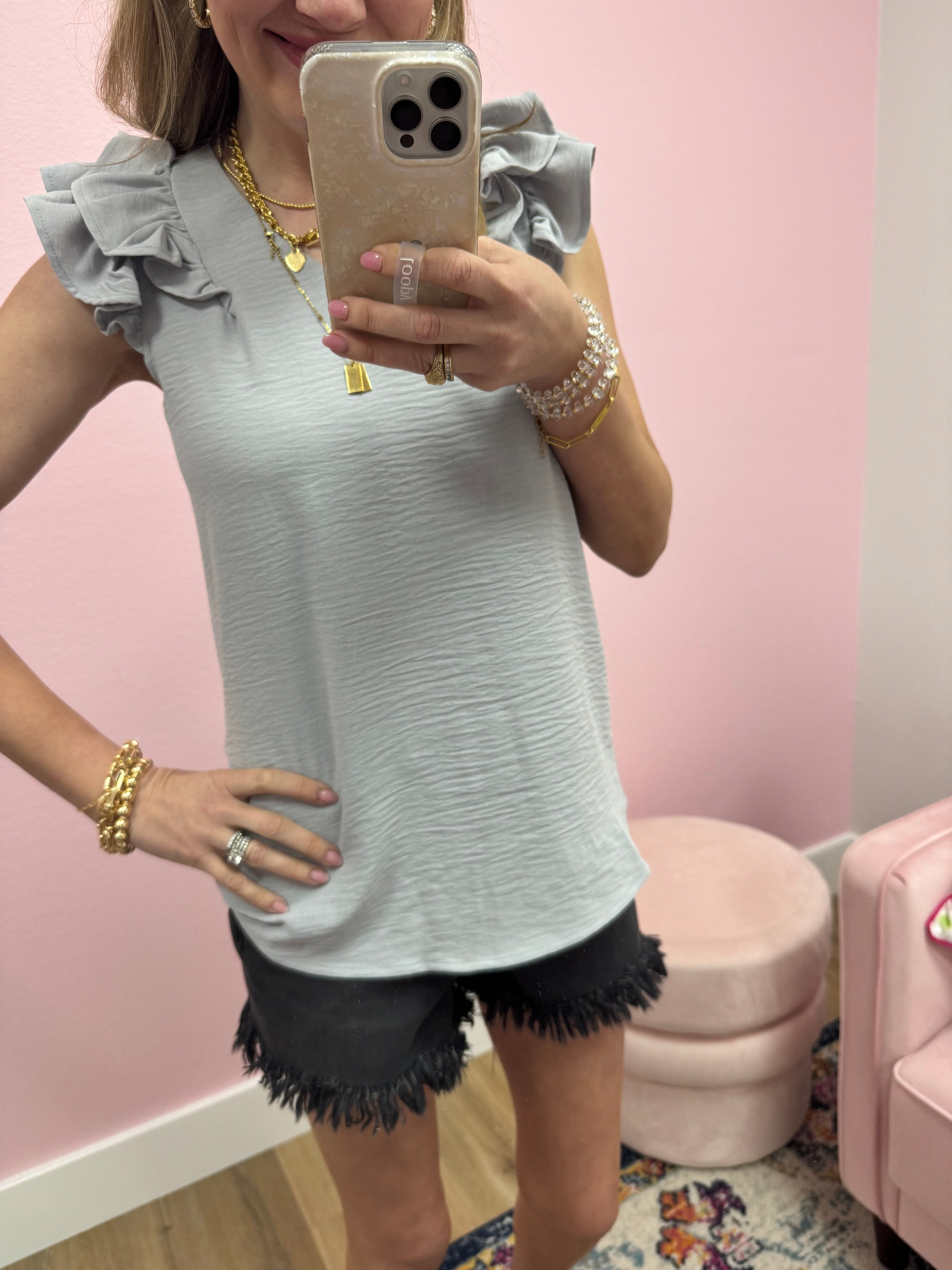 Gray flutter sleeve poly top