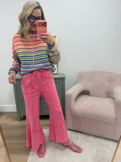 Fuchsia Exposed-seam Flare Hem Pants With Pockets