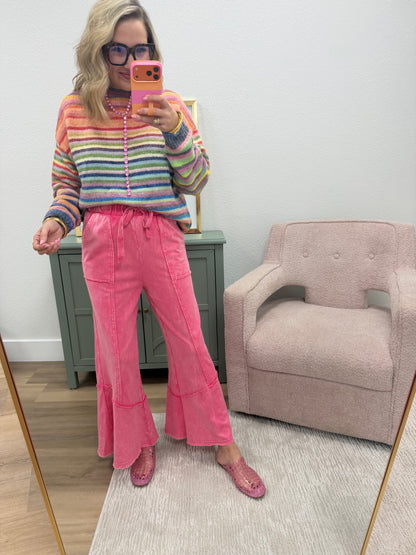 Fuchsia Exposed-seam Flare Hem Pants With Pockets