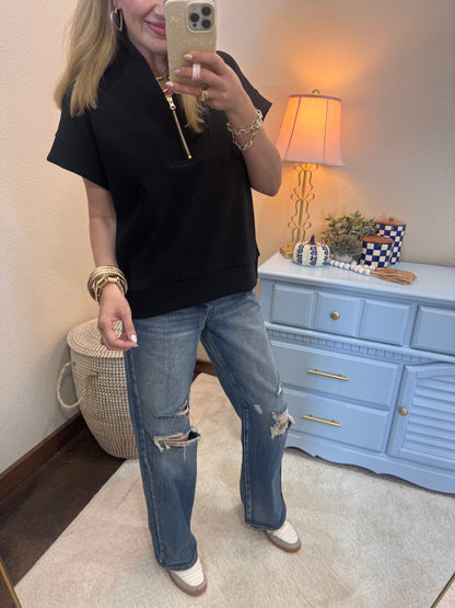 Black Scuba Ribbed 1/2 Zip High Neck Top