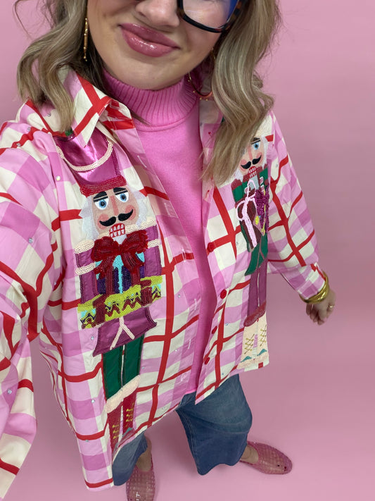 Queen Pink & Red Metallic Nutcracker Button Up Shirt