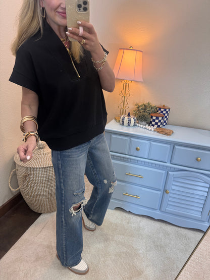 Black Scuba Ribbed 1/2 Zip High Neck Top