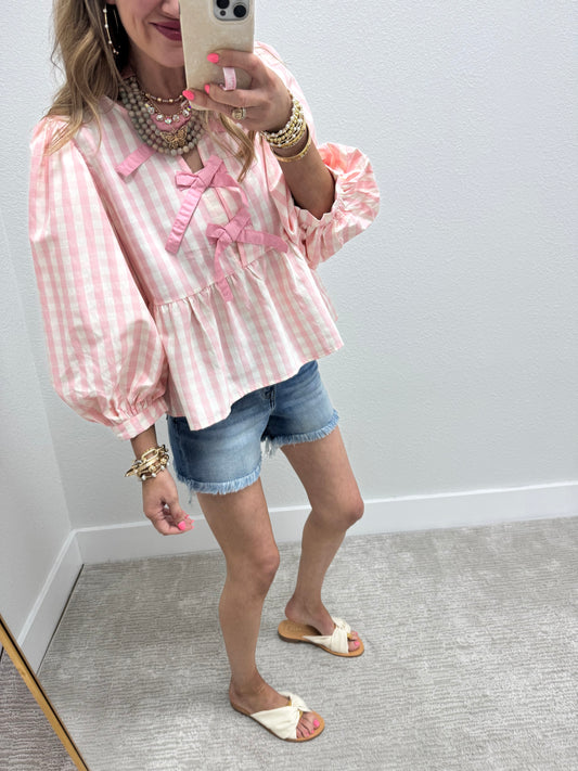 Baby Pink Gingham Tie Front Shirt with Bubble Sleeves