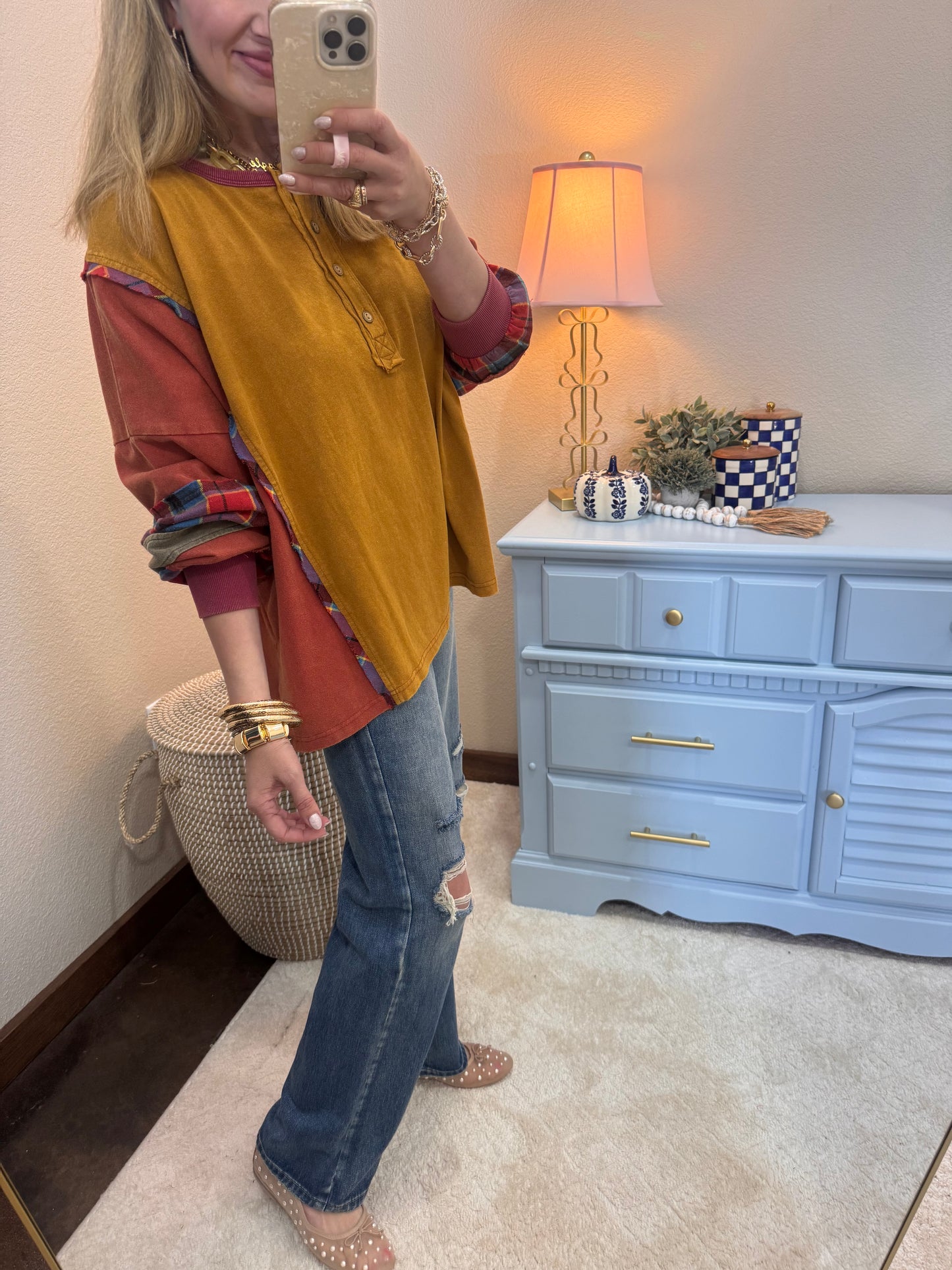 Camel Button Front Mix Color Top