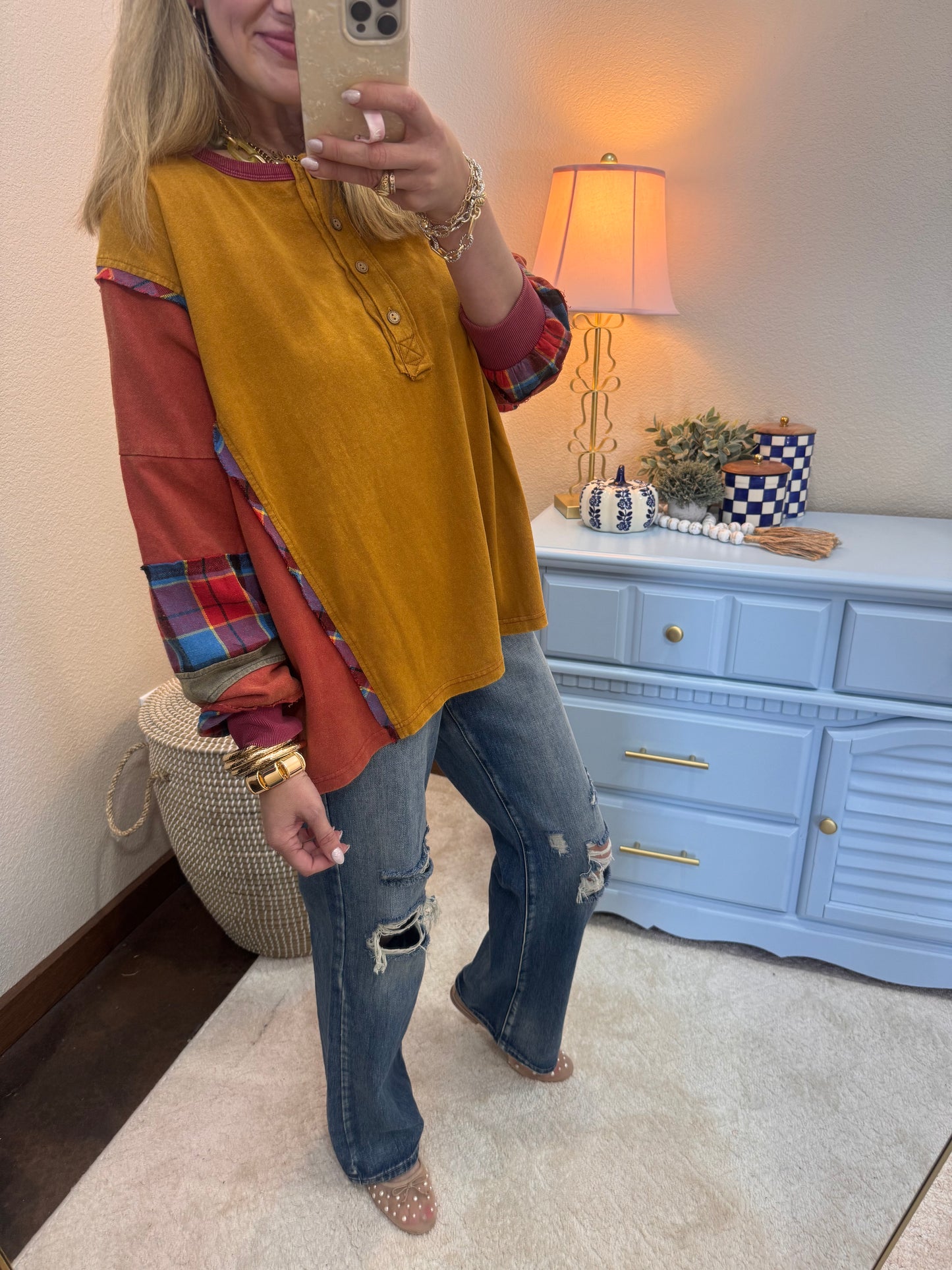 Camel Button Front Mix Color Top